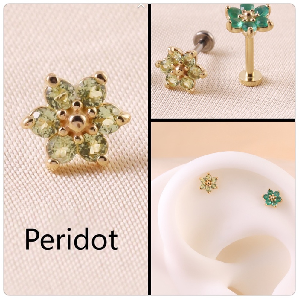 14K Solid Gold Peridot Flower 20G Threadless Push Pin (Flat Back)